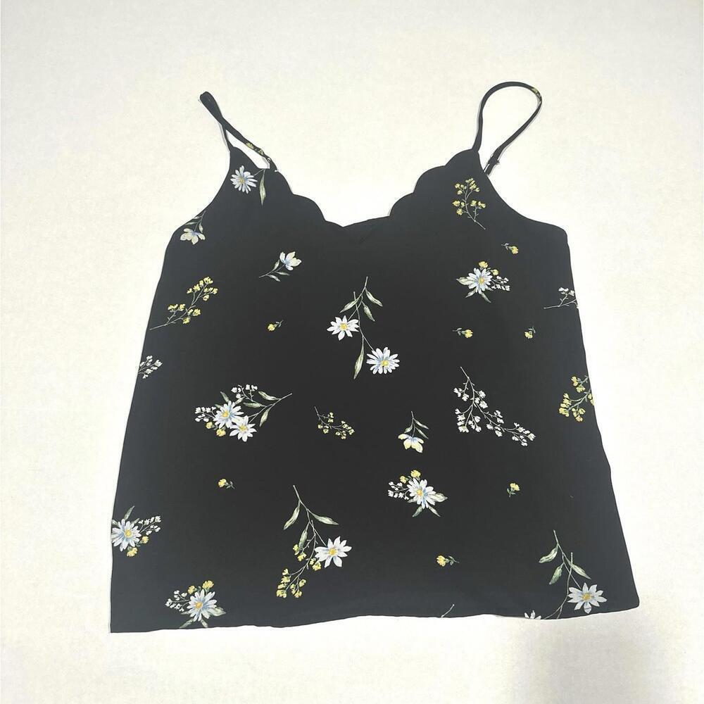 Socialite Women's Black V-neck Formal Tank Top Floral Daisy Scalloped Neckline L